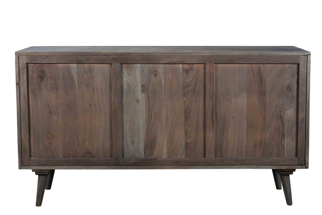 Dark gray 55-inch carved geometric solid wood TV stand with open and enclosed storage by HomeRoots, featuring distressed finish and modern design.