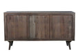 Dark gray 55-inch carved geometric solid wood TV stand with open and enclosed storage by HomeRoots, featuring distressed finish and modern design.