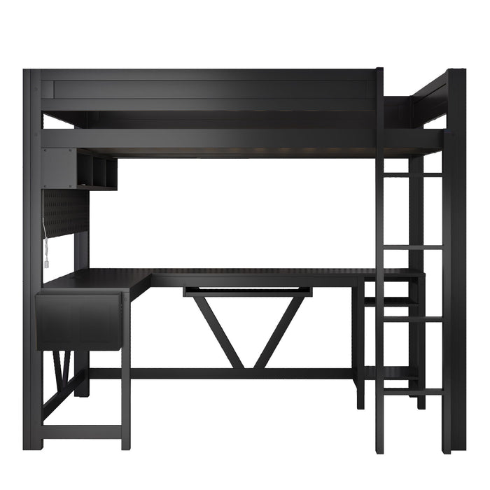 Giga gaming loft bed with integrated desk, storage shelves, LED lights, and charging station for a functional gaming space.