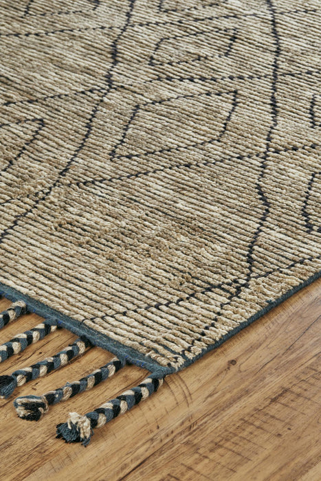 9' X 12' Wool Geometric Hand Knotted Area Rug (744355) - Tan / Blue / Black