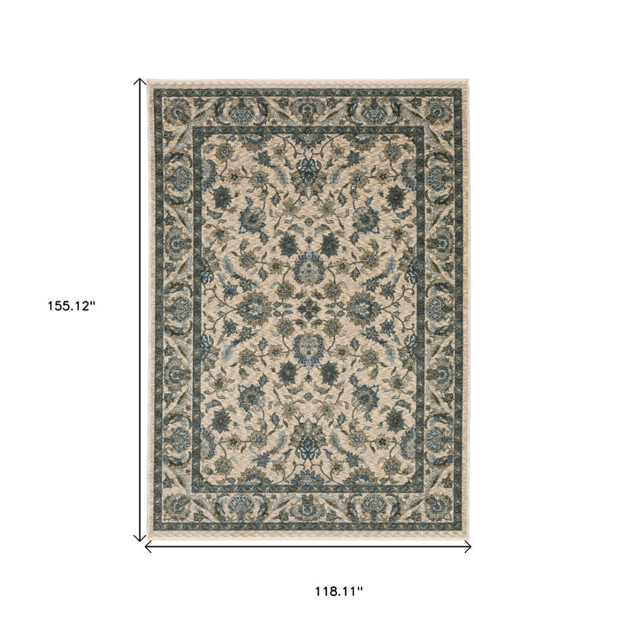 10' X 13' Oriental Area Rug With Fringe - Beige And Blue