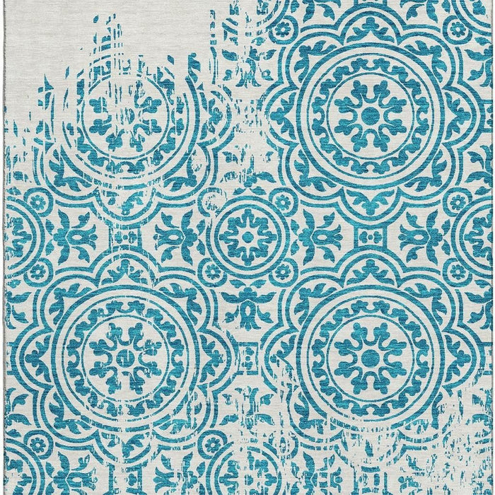 10' X 14' Medallion Washable Area Rug With UV Protection - Teal / Ivory