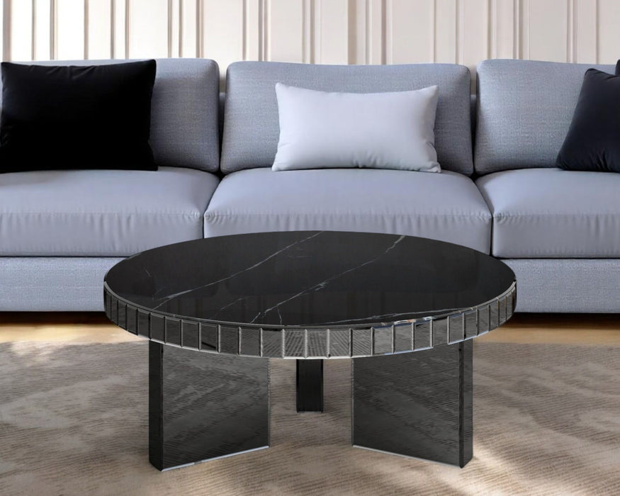 35" Mirro Glass And Faux Marble Round Coffee Table - Black