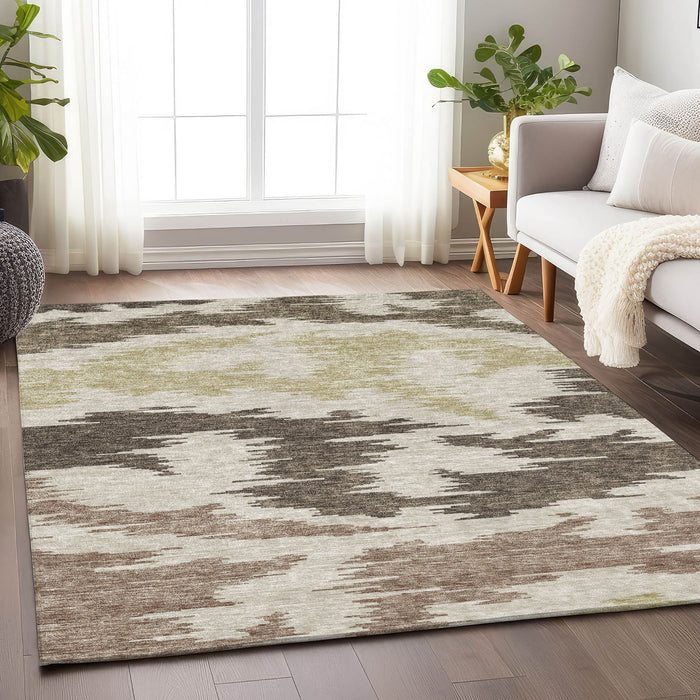 10' X 14' Abstract Washable Area Rug With UV Protection - Chocolate And Taupe