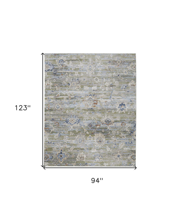 8' x 10' Floral Power Loom Worn Faded Area Rug - Ivory Green And Blue