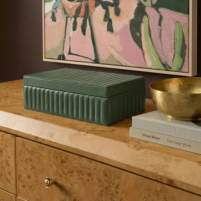 Green ribbed vegan leather storage box from Eton by TOV Furniture, designed for hospitality-grade organization and storage.