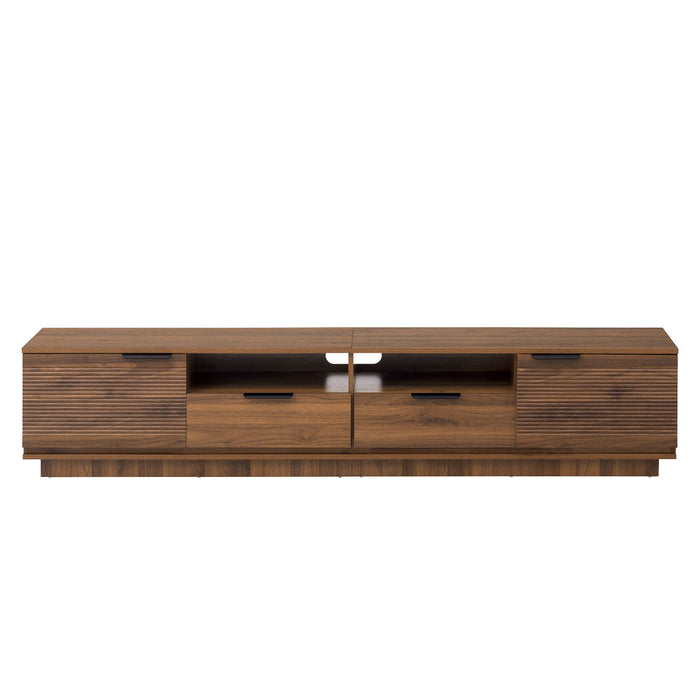 Giga TV stand entertainment center with deep drawers, cable management, and soft closing hinges, showcasing a modern wood finish.