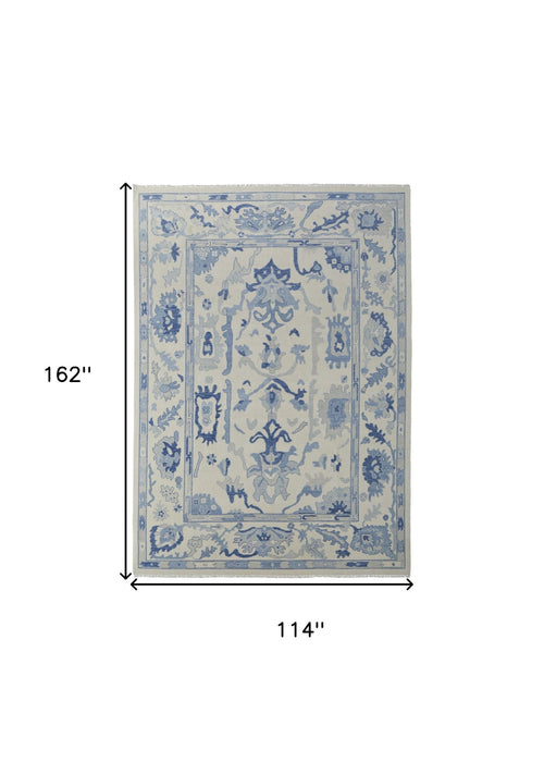 9' X 13' Wool Floral Hand Knotted Area Rug With Fringe - Ivory And Blue