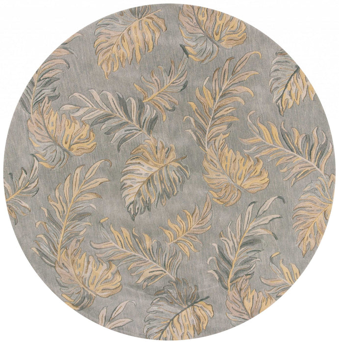 8' Hand Tufted Tropical Palms Round Indoor Area Rug - Gray