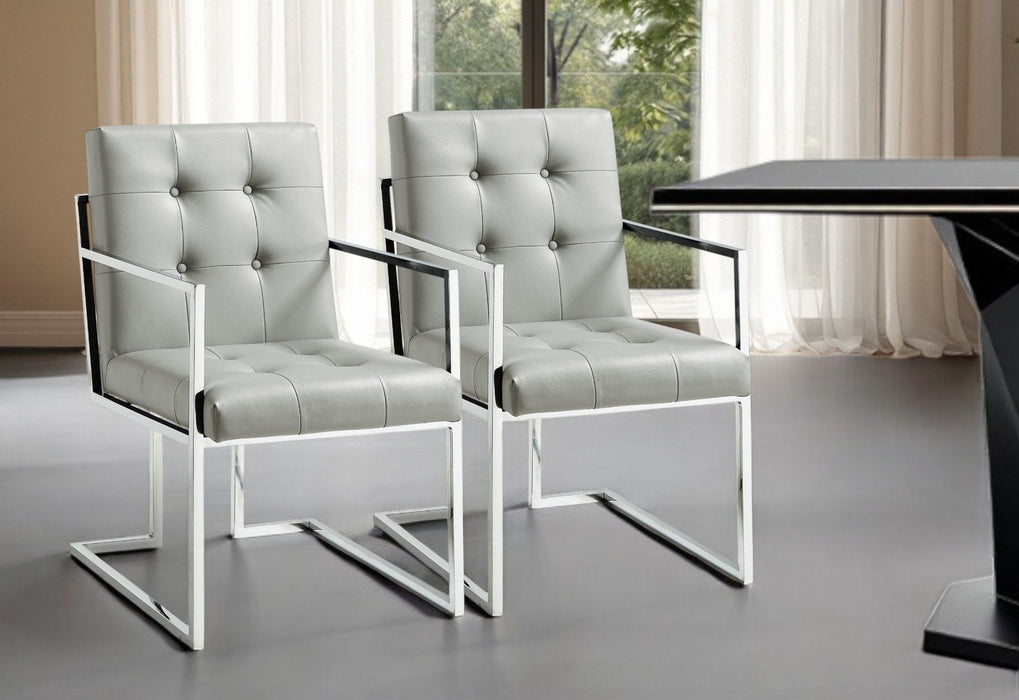 Tufted And Metallic Upholstered Faux Leather Dining Arm Chairs (Set of 2) - Light Gray