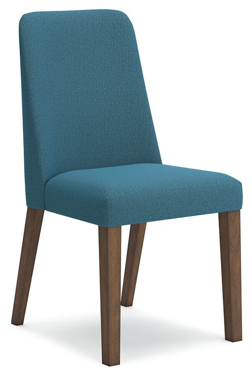 Set of two Ashley Furniture Lyncott dining side chairs in blue and brown with cushioned seats and stylish wooden legs.