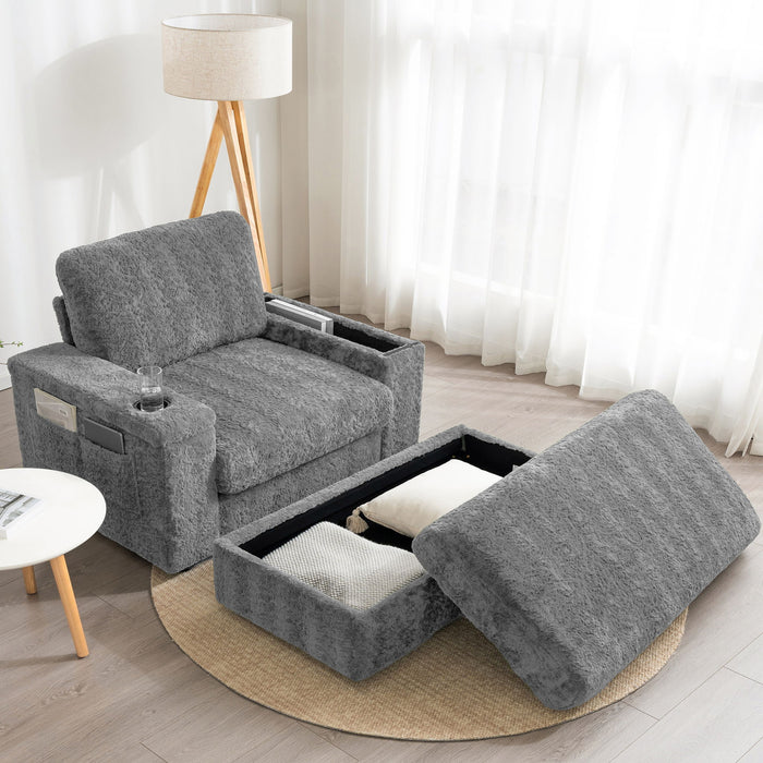 Giga oversized stationary chaise lounge with rabbit fur upholstery, storage ottoman, armrests, cup holders, and deep seat for indoor use.