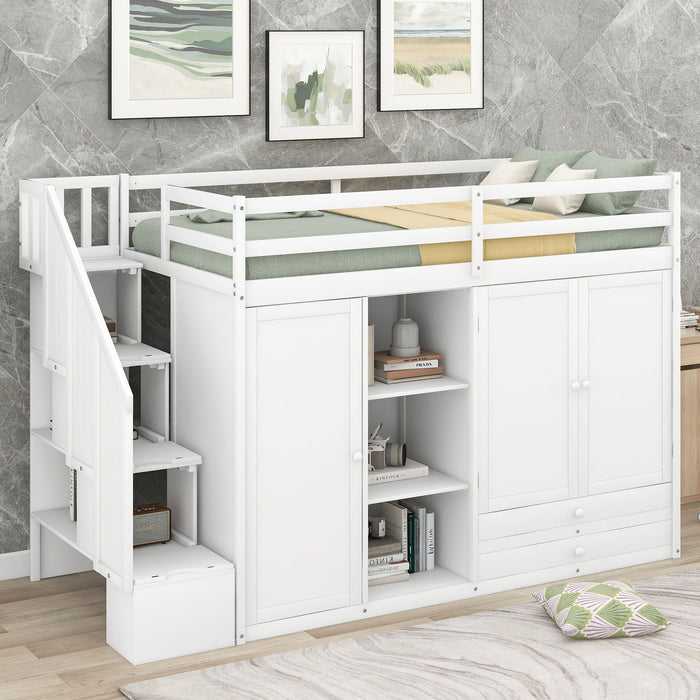 Giga loft bed with three shelves, two wardrobes, two drawers, and ladder storage in a modern bedroom setting.