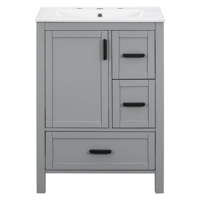 Gray Giga bathroom vanity with sink, soft-close doors, double-layer shelf, and three drawers, shown with sleek modern design.