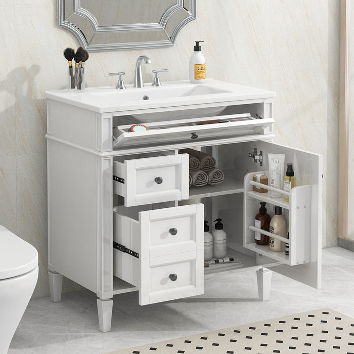 Giga bathroom vanity with top sink, storage cabinet, two drawers, and tip-out drawer for organized bathroom storage.
