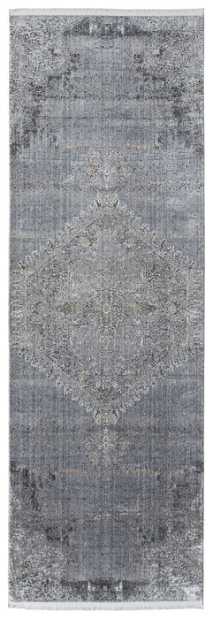 12' Abstract Power Loom Worn Faded Runner Rug - Gray And Silver