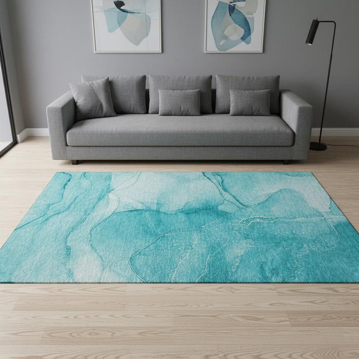 5' X 8' Abstract Washable Area Rug With UV Protection (646884) - Teal / Ivory