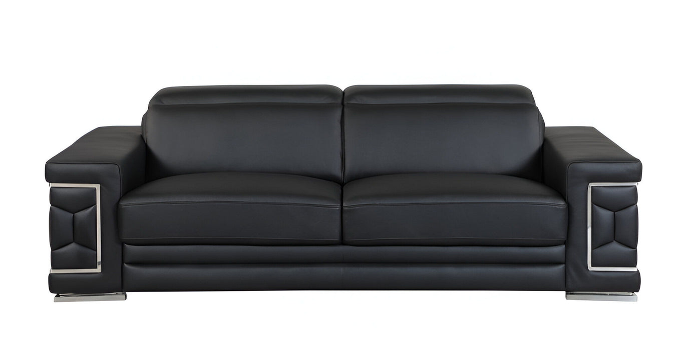 Sofa Italian Leather With Silver Legs - Black