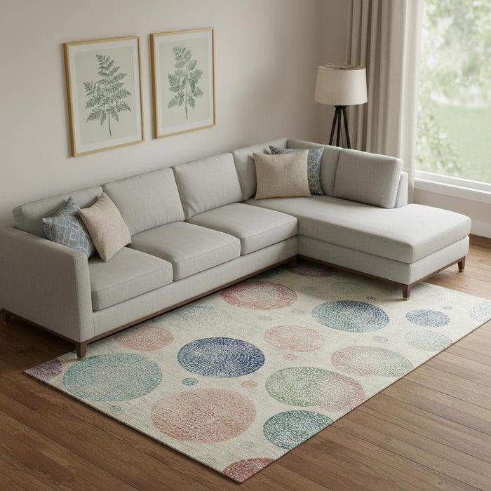 10' X 14' Geometric Washable Area Rug With UV Protection (707377) - Ivory / Blue / Peach