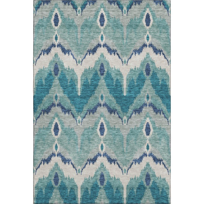 8' X 10' Ikat Washable Area Rug With UV Protection - Teal And Ivory