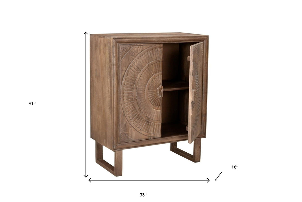 Solid Wood Two Door Floral Carved Accent Cabinet - Distressed Brown