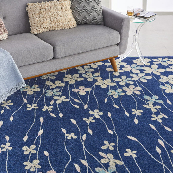 9' X 12' Floral Polypropylene Area Rug - Ivory And Navy Blue