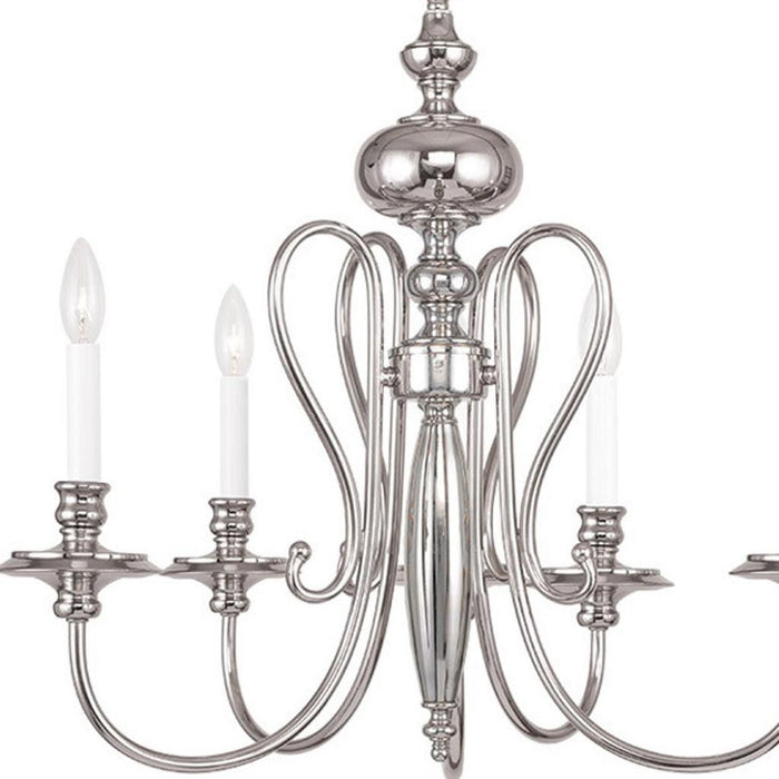 22-inch HomeRoots metal chandelier with five shades, dimmable, in nickel and pearl silver finish, showcasing elegant lighting design.