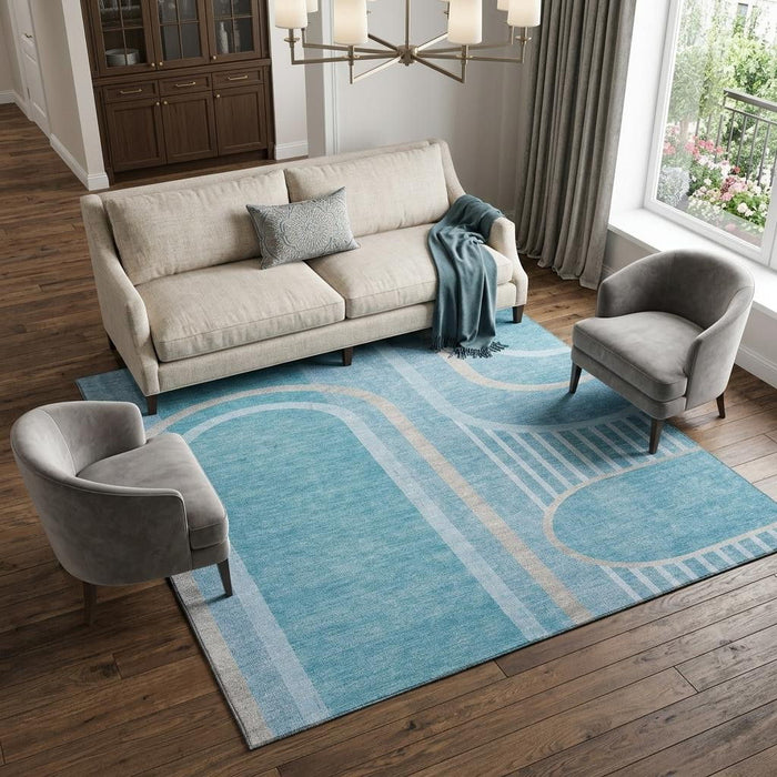 10' X 14' Geometric Washable Area Rug With UV Protection (647938) - Teal / Khaki