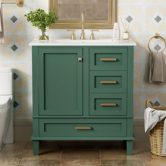 Modern Giga bathroom vanity with sink, solid wood frame, soft closing door, and three drawers for stylish bathroom storage.