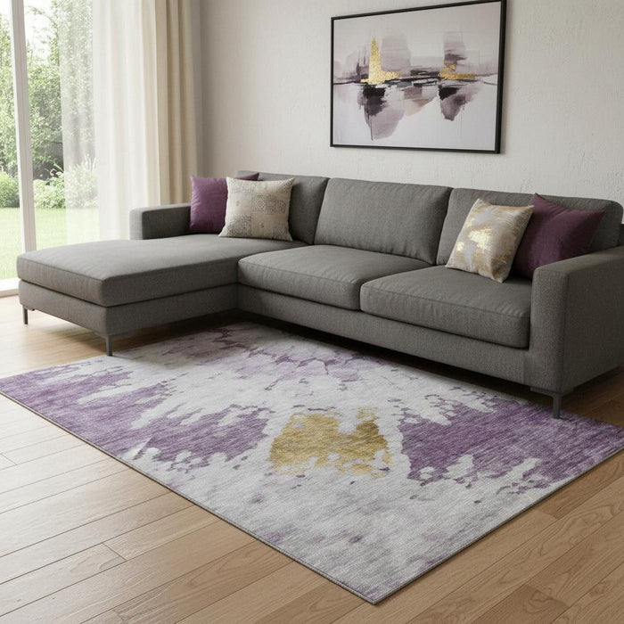 10' X 14' Abstract Washable Area Rug With UV Protection (651304) - Purple / Gold / Ivory