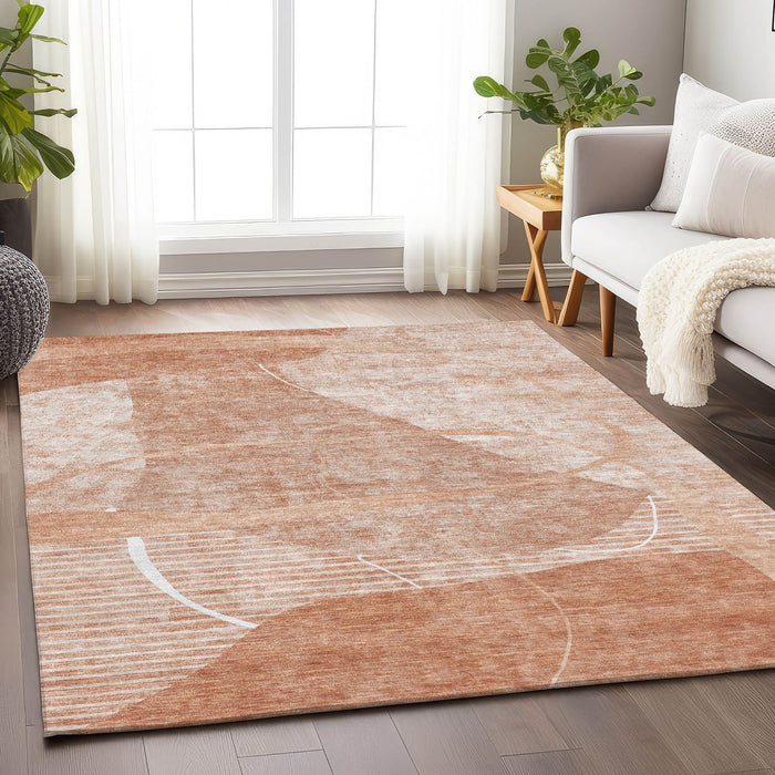 8' X 10' Abstract Geometric Washable Area Rug With UV Protection - Salmon And Ivory