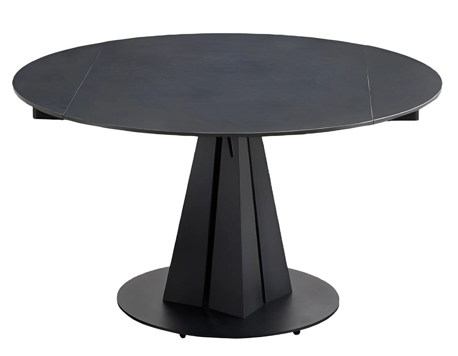 51" Stone And Metal Self-Storing Leaf Pedestal Base Round Top Extendable Dining Table - Black