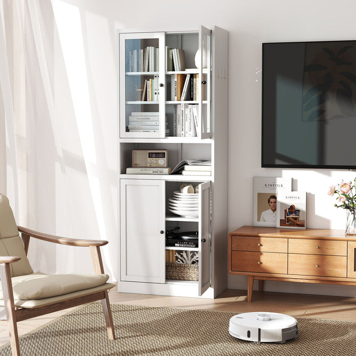 White Giga accent kitchen pantry cabinet with tall storage, adjustable shelves, and a heavy-duty stainless steel frame.