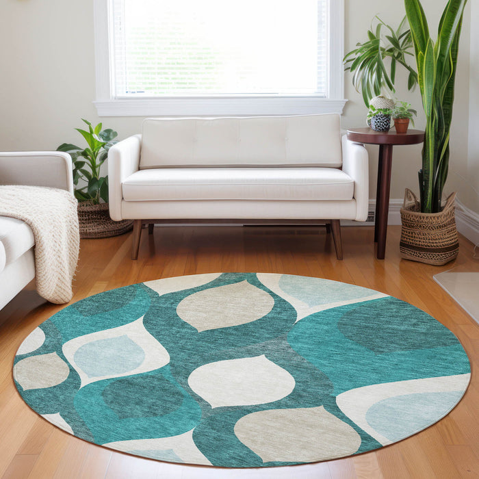8' Ogee Washable Round Rug With UV Protection - Teal And Ivory