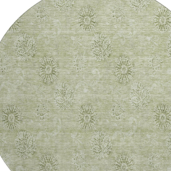 8' Floral Washable Round Rug With UV Protection - Sage And Ivory