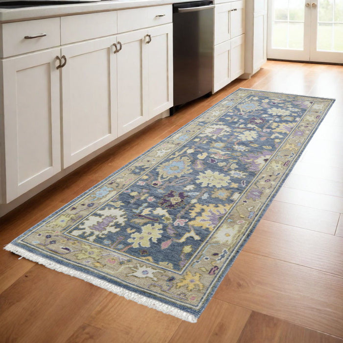 8' Wool Oriental Hand Knotted Runner Rug With Fringe - Gold