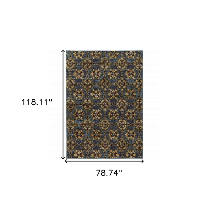 7' x 10' Oriental Power Loom Area Rug - Blue And Gold