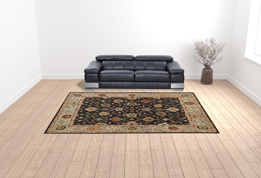 10' x 13' Wool Floral Hand Knotted Stain Resistant Area Rug With Fringe - Black Gold And Gray