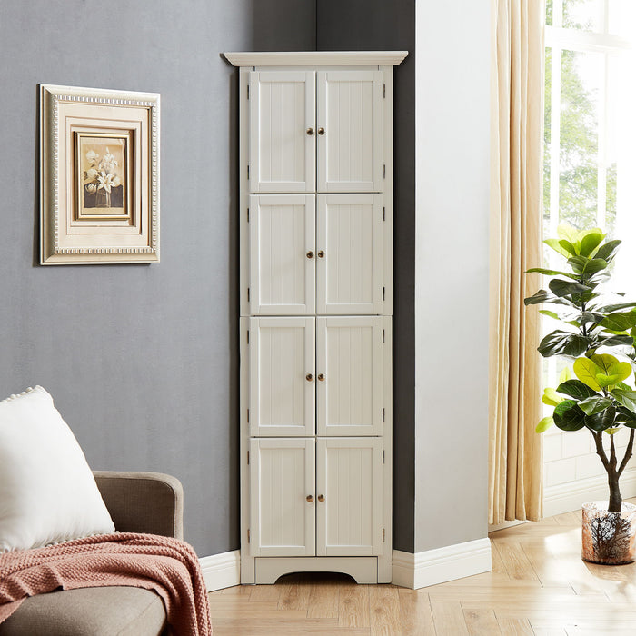 Giga tall accent storage cabinet with doors and four shelves, ideal for living room, kitchen, office, or bedroom storage.