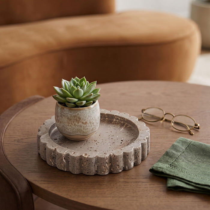 Rectangular Ricardo Meridian Furniture travertine tray with natural stone surface for serving or decorative display.