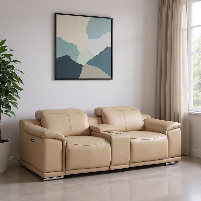 Leather Power Reclining Loveseat (643823) - Beige / Silver