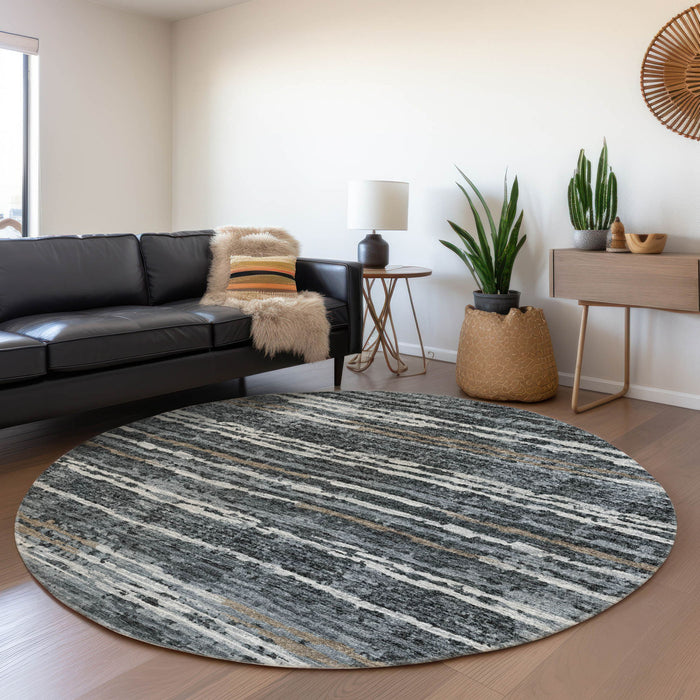 8' Striped Washable Round Rug With UV Protection - Graphite And Ivory