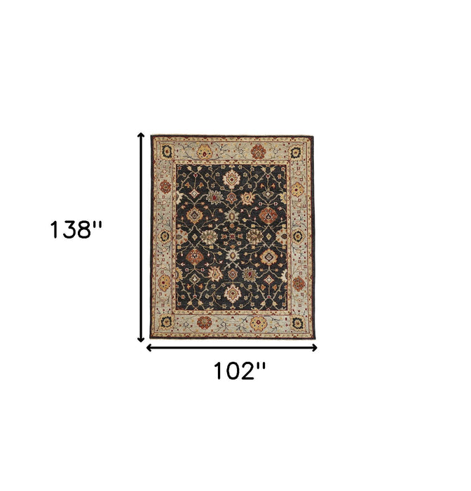 9' x 12' Wool Floral Hand Knotted Stain Resistant Area Rug With Fringe - Black Gold And Gray