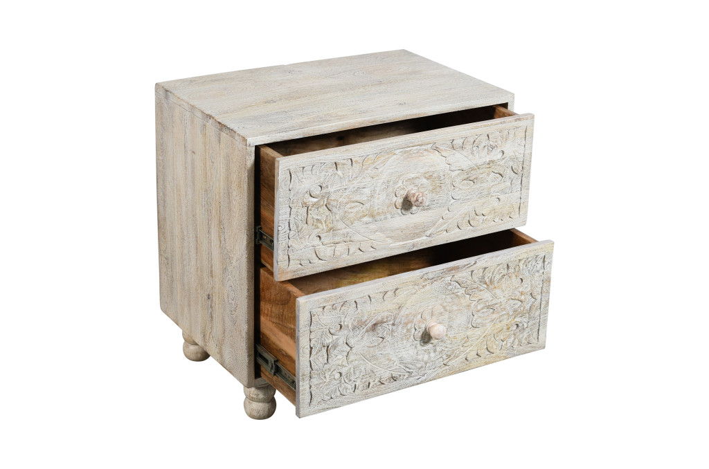 24" Solid Wood Distressed Carved Scrollwork Two Drawer Nightstand - Natural And White