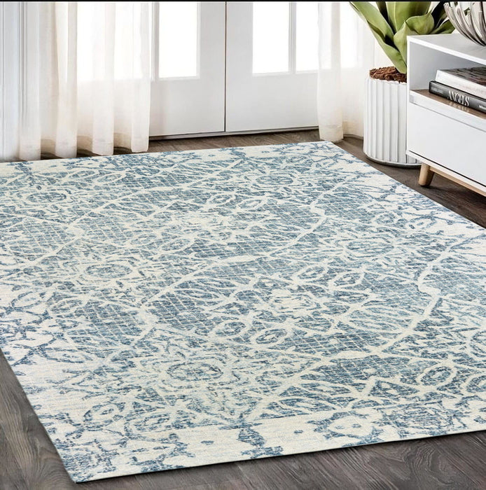 5' X 8' Wool Geometric Hand Tufted Area Rug - Blue And Ivory