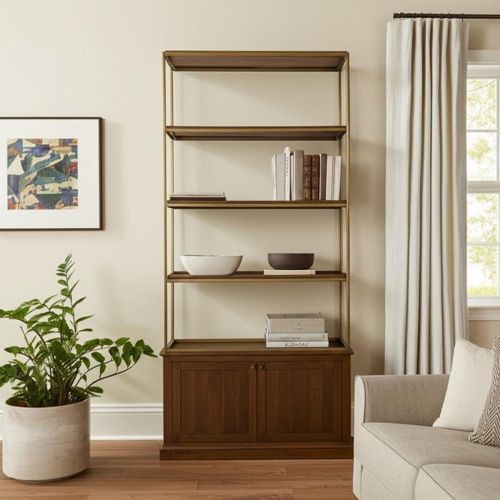 Four Tier Bookcase With Two Doors - Antiqued Brass / Brown