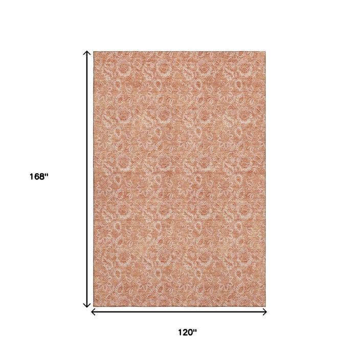 10' X 14' Floral Washable Area Rug With UV Protection (655150) - Salmon / Ivory