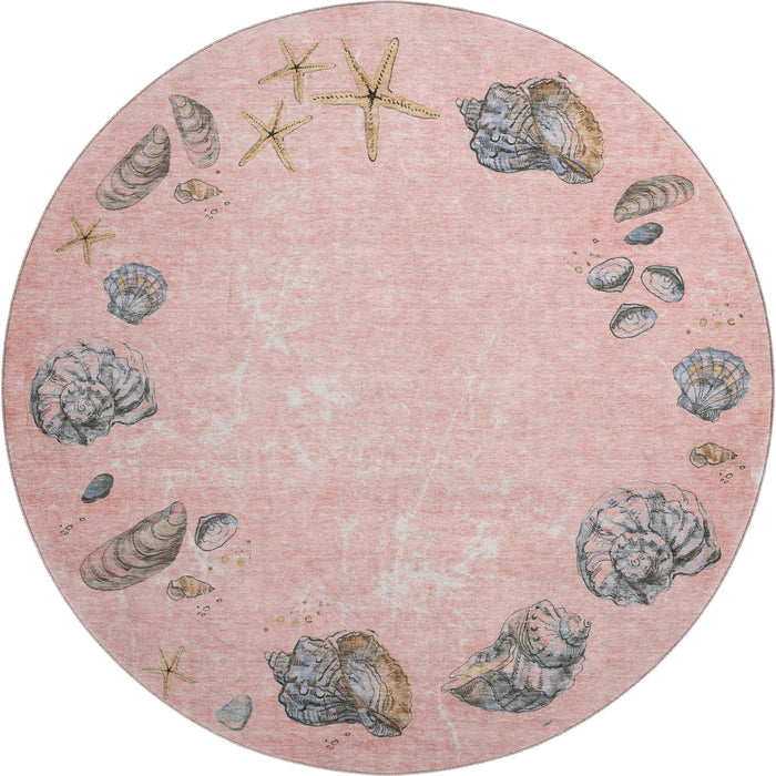 8' Geometric Washable Round Rug With UV Protection (646058) - Peach / Gray / Ivory