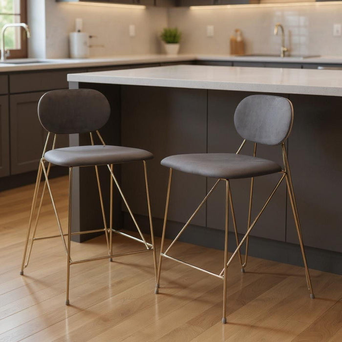 26" Velvet And Steel Low Back Counter Height Bar Chairs (Set of 2) - Gray / Gold