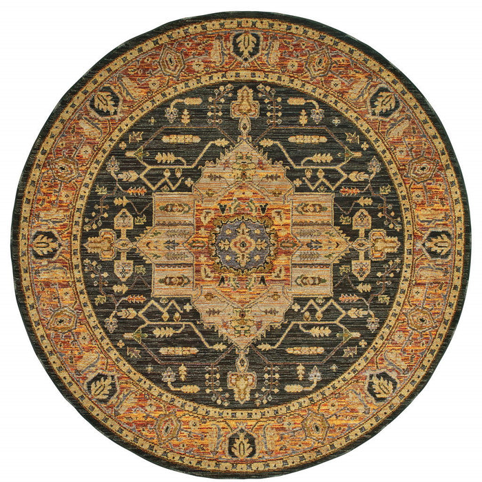 8' Round Oriental Power Loom Area Rug - Black And Gold
